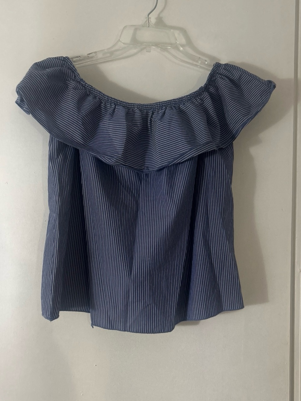 Papaya Blue and White Striped Off-Shoulder Ruffle Top